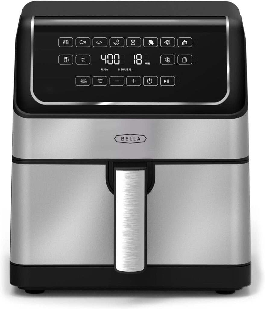 BELLA 8 Qt Digital Air Fryer with TurboCrisp Technology, Large Family Size Nonstick Cooking Basket and Crisping Tray, Multiple Preset Functions, Auto Shutoff, Stainless Steel, 1750 Watt