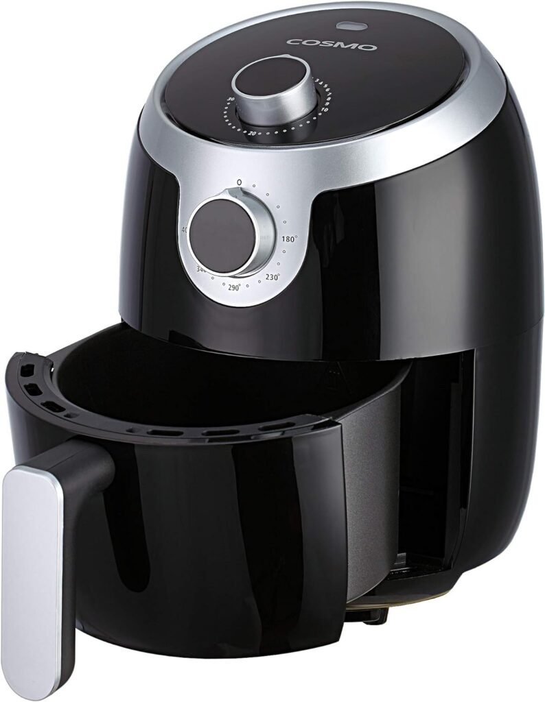 COSMO COS-23AFAKB 2.3 Quart Electric Small Air Fryer with Temperature Control, Timer, Auto Shut-Off, Non-Stick Frying Tray, 1000W Compact Mini Air Fryer (2.3 Quarts, Stainless Steel/Black)